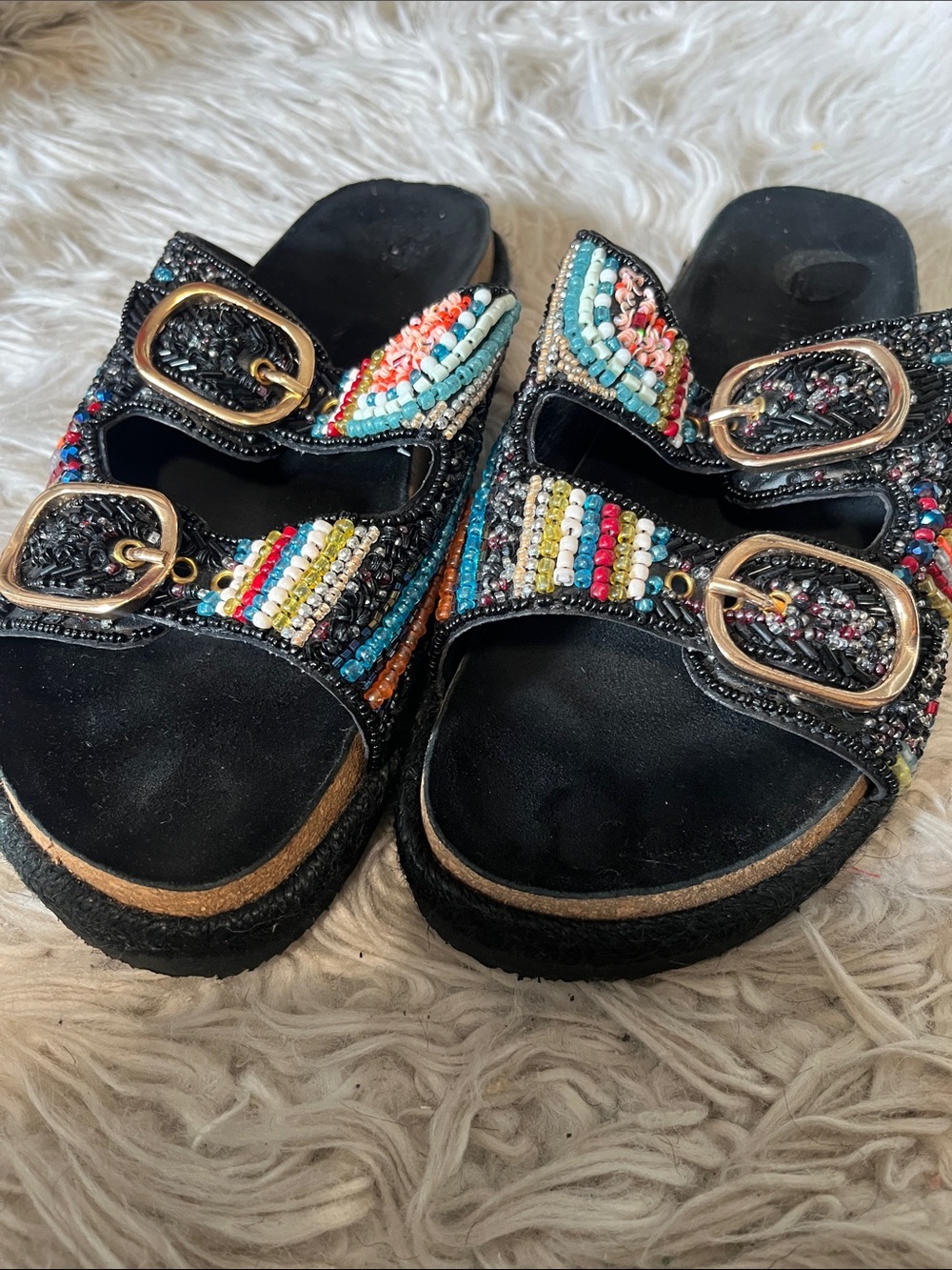 House of Harlow | Beaded Double-Buckle Black Slide Sandals